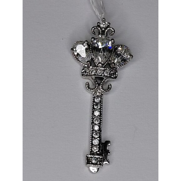 Sterling Silver 925 Key Pendant With Heart & Crown Design Rhinestones 1.25" - Picture 1 of 7